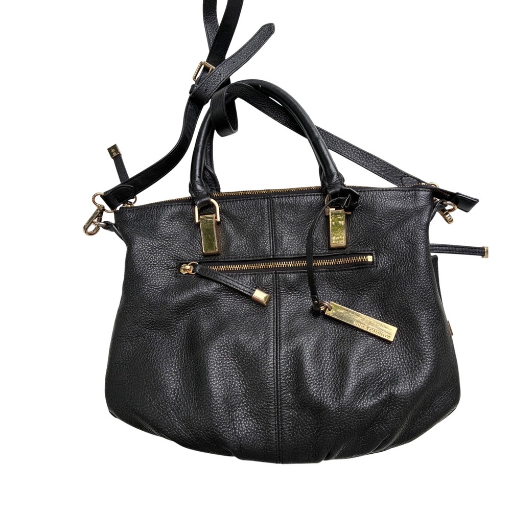 Vince Camuto Black Pebbled Leather Satchel Crossbody Bag Gold Hardware